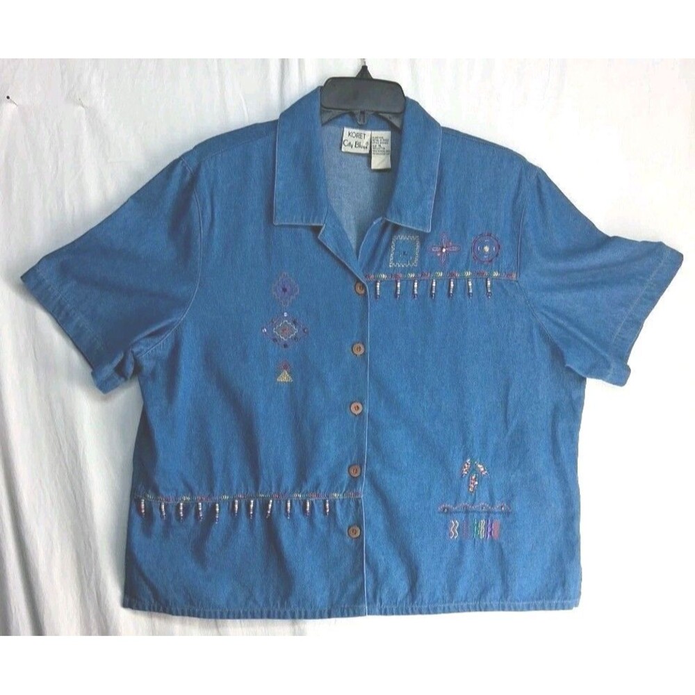 Vintage Koret Blue Womens XL Denim Artsy Shirt Embroidery Festival Western